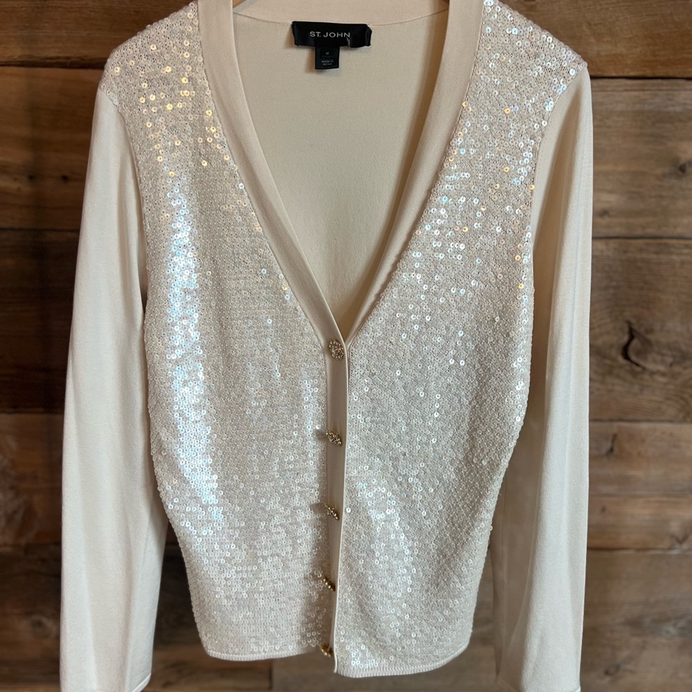 St. John Cream Sequin Cardigan